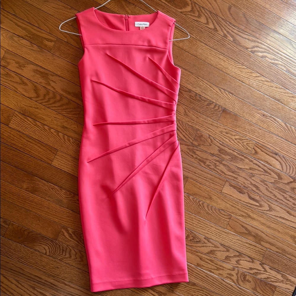 Calvin Klein Orange and Pink Asymmetrical Pleated Midi Dress